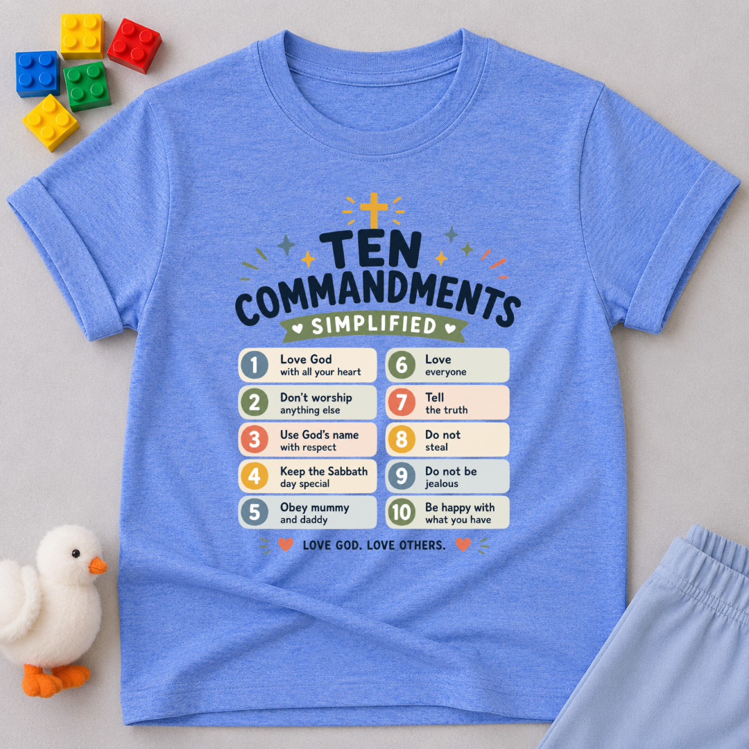 Kids Ten Commandments Guide Shirt Christian kids shirt in blue featuring an illustrated Ten Commandments learning design
