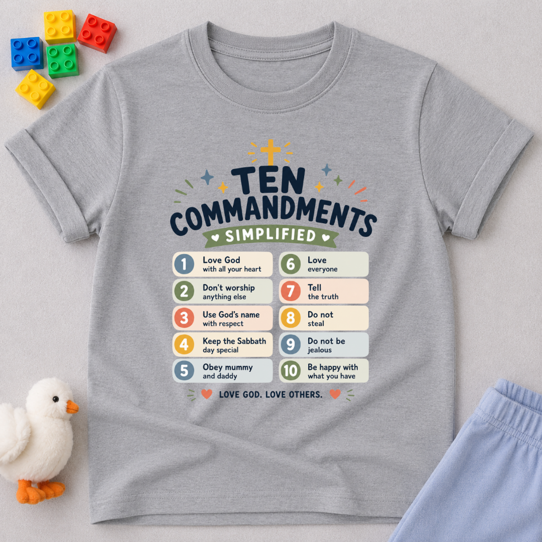 Kids Ten Commandments Guide Shirt Christian kids shirt in gray featuring an illustrated Ten Commandments learning design
