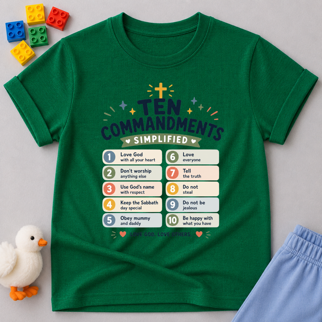 Kids Ten Commandments Guide Shirt Christian kids shirt in green featuring an illustrated Ten Commandments learning design
