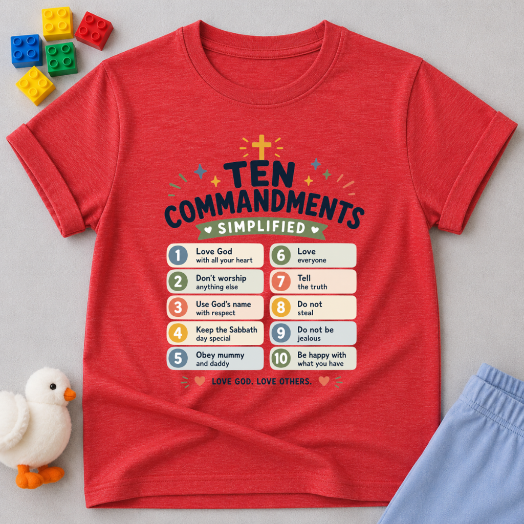 Kids Ten Commandments Guide Shirt Christian kids shirt in red featuring an illustrated Ten Commandments learning design
