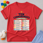 Kids Ten Commandments Guide Shirt Christian kids shirt in red featuring an illustrated Ten Commandments learning design
