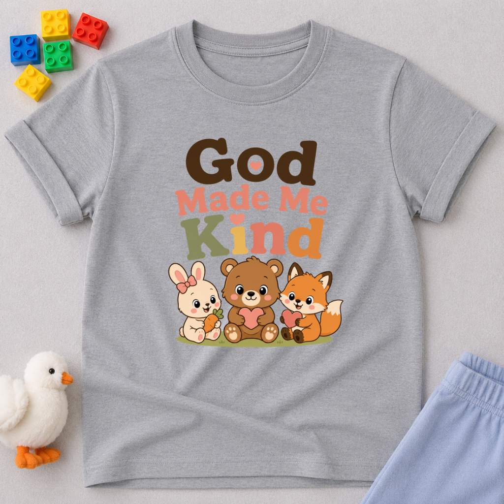 Kind Hearts Animal Friends Shirt Christian kids shirt in gray featuring cute animal friends and a kindness message
