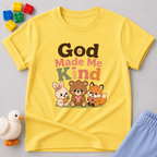Kind Hearts Animal Friends Shirt Christian kids shirt in yellow featuring cute animal friends and a kindness message
