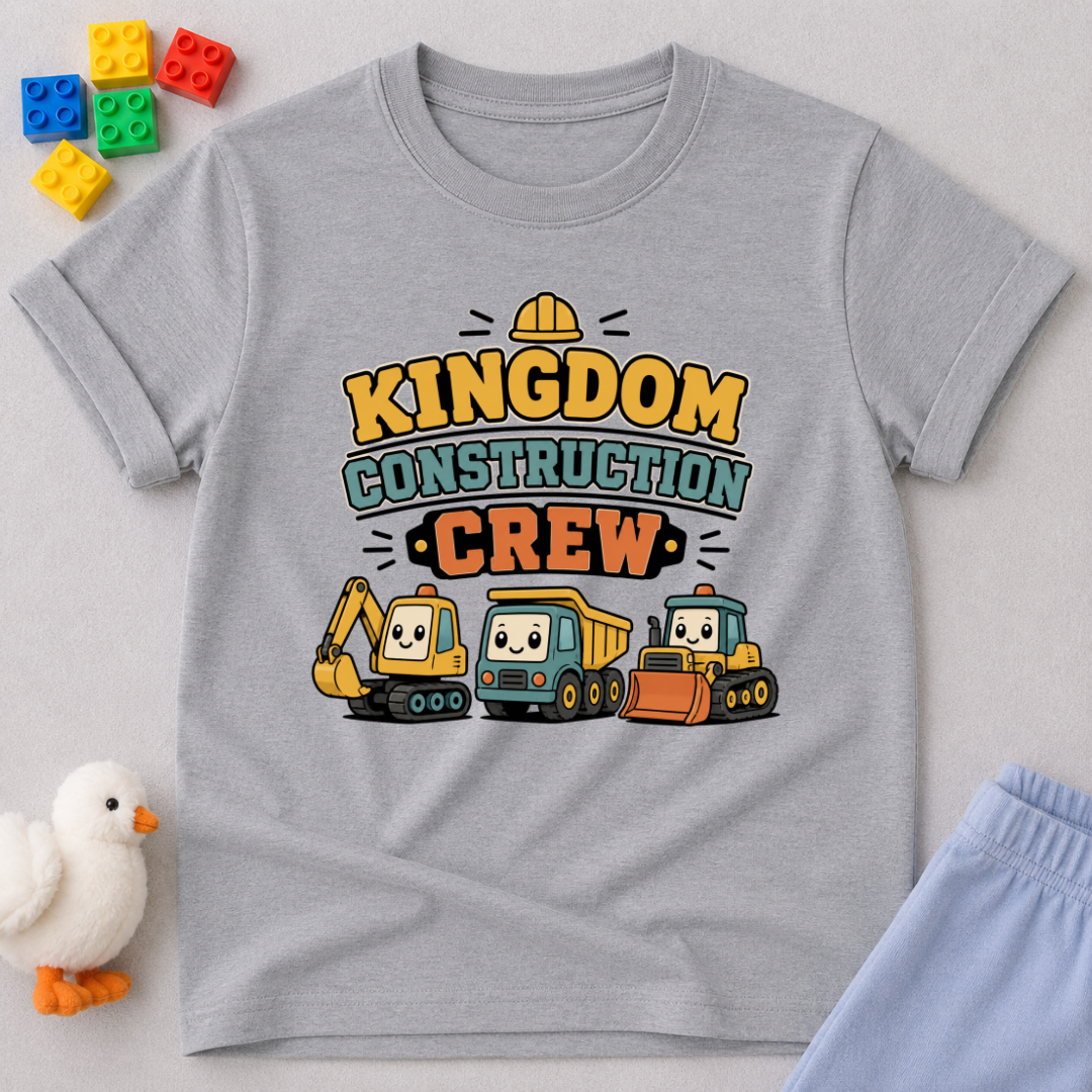 Kingdom Construction Crew Shirt Christian kids shirt in gray featuring a construction crew and kingdom-building theme
