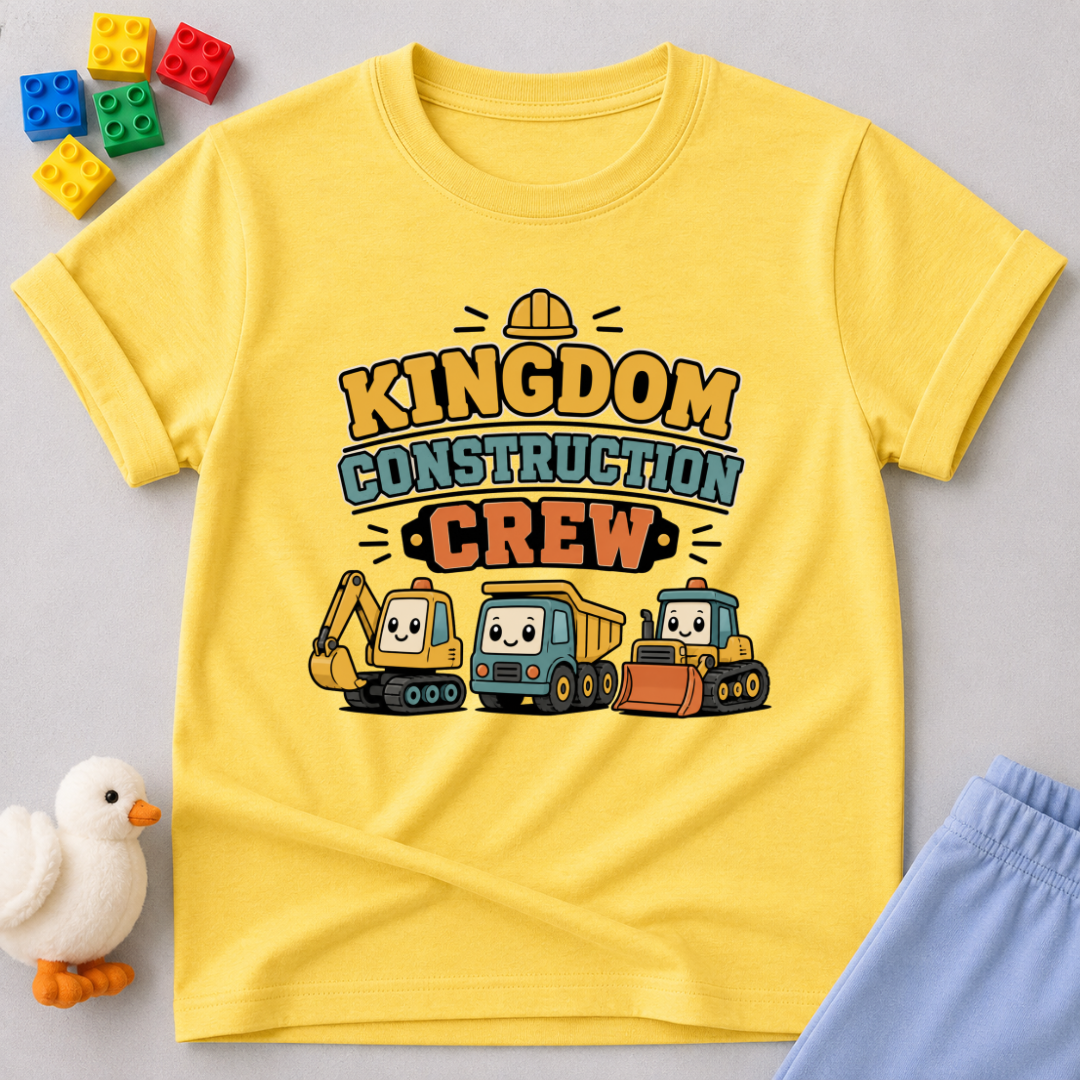 Kingdom Construction Crew Shirt Christian kids shirt in yellow featuring a construction crew and kingdom-building theme
