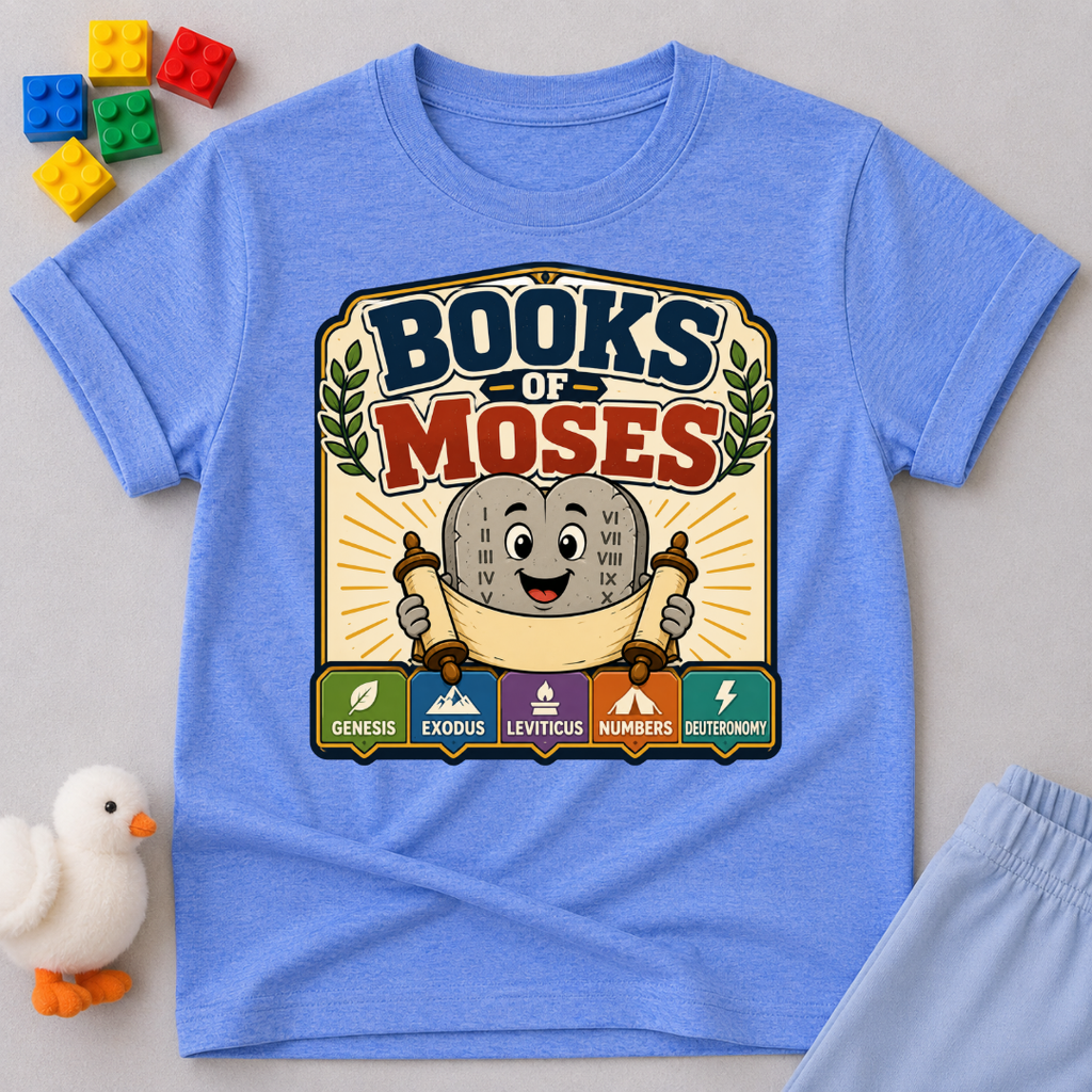 Learn the Books of Moses Christian kids shirt in blue featuring a friendly Bible character and Scripture books
