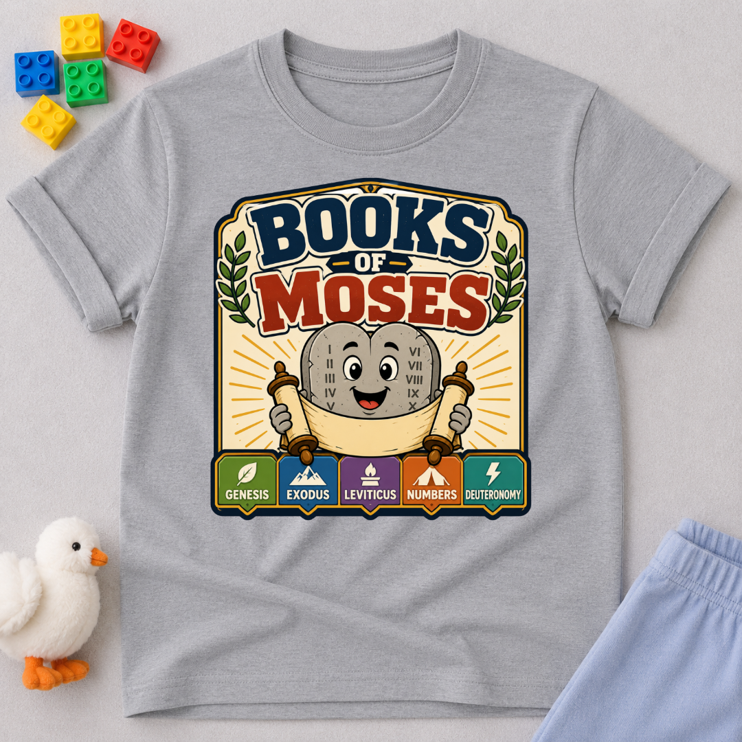 Learn the Books of Moses Christian kids shirt in gray featuring a friendly Bible character and Scripture books

