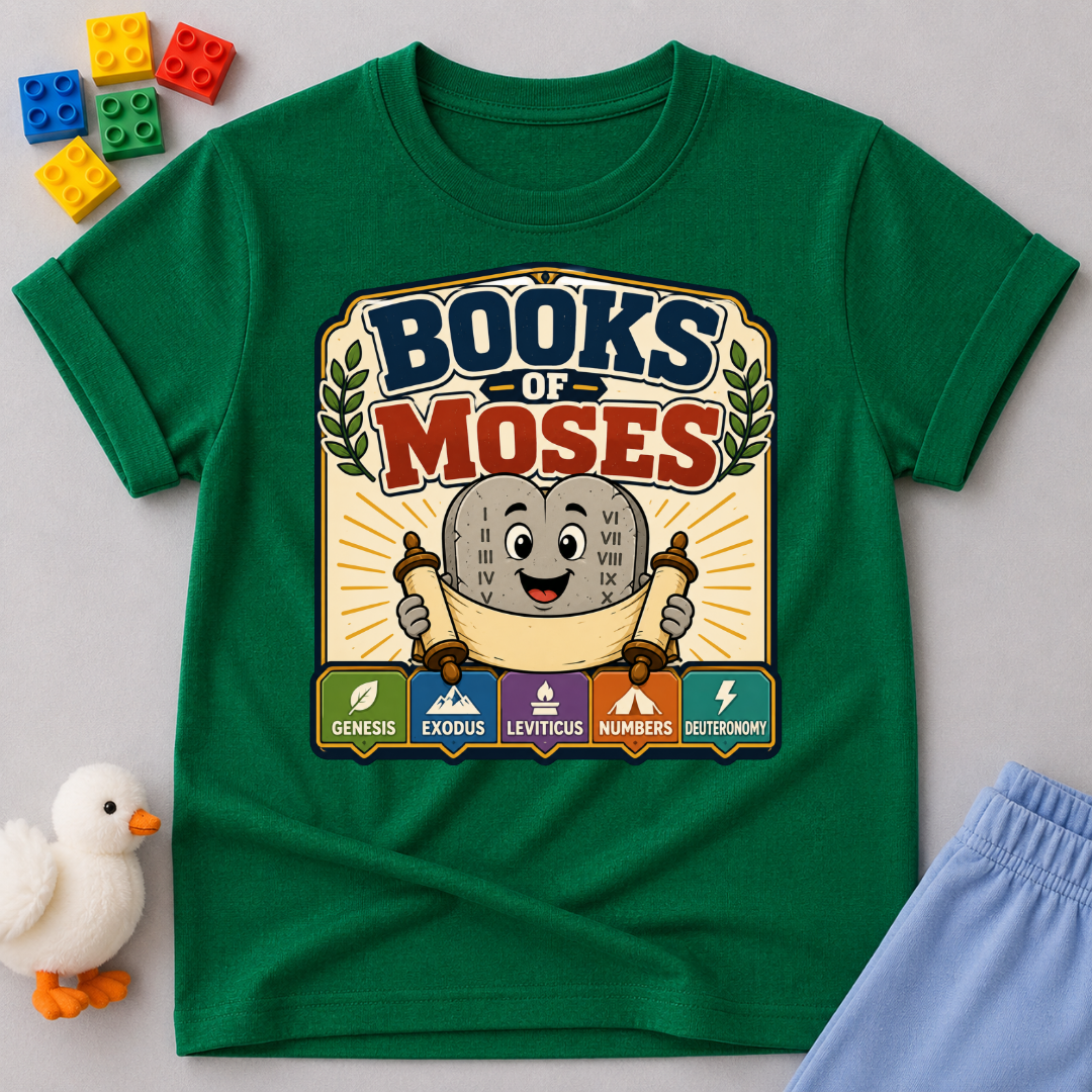 Learn the Books of Moses Christian kids shirt in green featuring a friendly Bible character and Scripture books
