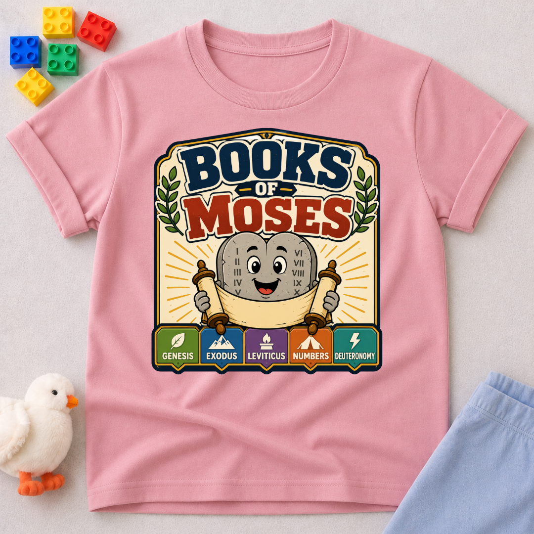 Learn the Books of Moses Christian kids shirt in pink featuring a friendly Bible character and Scripture books
