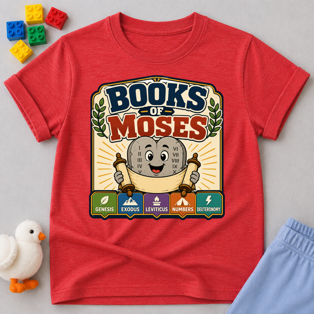 Learn the Books of Moses Christian kids shirt in red featuring a friendly Bible character and Scripture books
