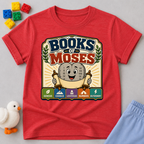 Learn the Books of Moses Christian kids shirt in red featuring a friendly Bible character and Scripture books
