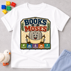 Learn the Books of Moses Christian kids shirt in white featuring a friendly Bible character and Scripture books
