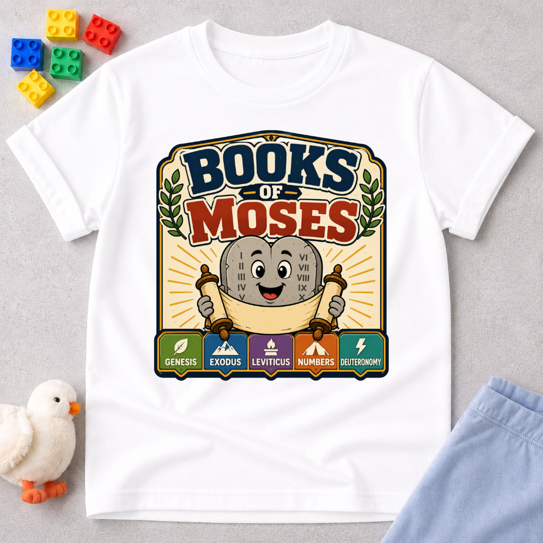 Learn the Books of Moses Christian kids shirt in white featuring a friendly Bible character and Scripture books
