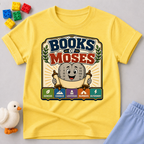 Learn the Books of Moses Christian kids shirt in yellow featuring a friendly Bible character and Scripture books
