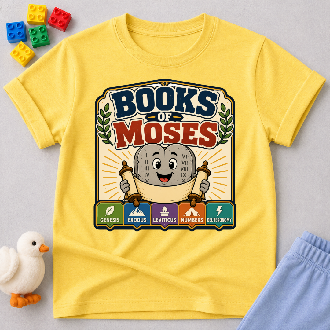 Learn the Books of Moses Christian kids shirt in yellow featuring a friendly Bible character and Scripture books
