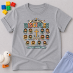 Learn The Disciples of Jesus Christian kids shirt in gray featuring educational Bible character illustrations