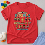 Learn The Disciples of Jesus Christian kids shirt in red featuring educational Bible character illustrations
