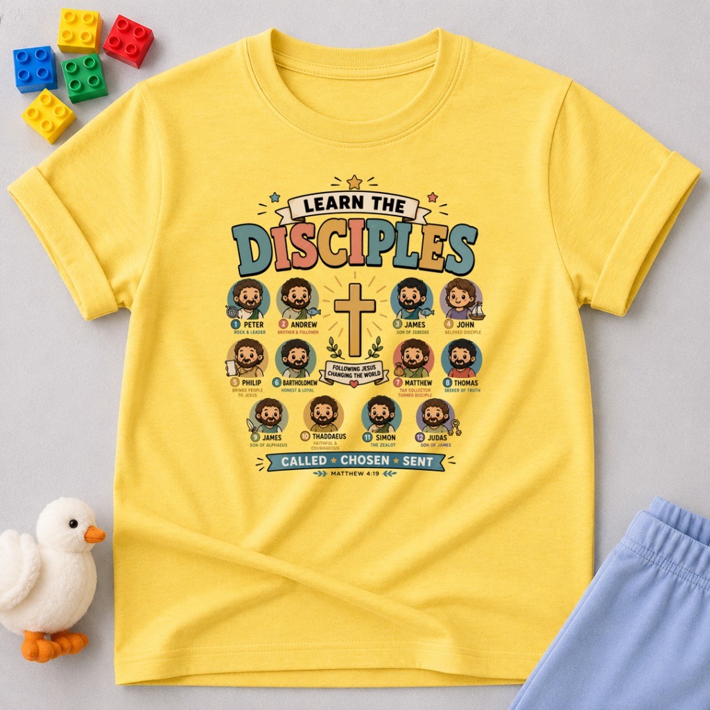 Learn The Disciples of Jesus Christian kids shirt in yellow featuring educational Bible character illustrations
