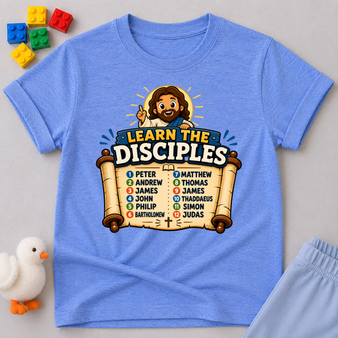 Learn the Twelve Disciples Christian kids shirt in blue featuring Jesus and the names of the disciples
