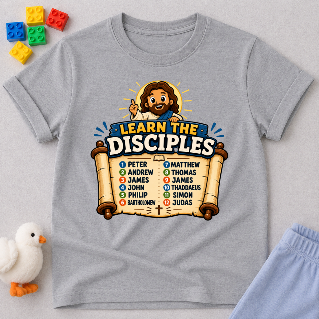 Learn the Twelve Disciples Christian kids shirt in gray featuring Jesus and the names of the disciples
