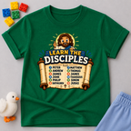 Learn the Twelve Disciples Christian kids shirt in green featuring Jesus and the names of the disciples
