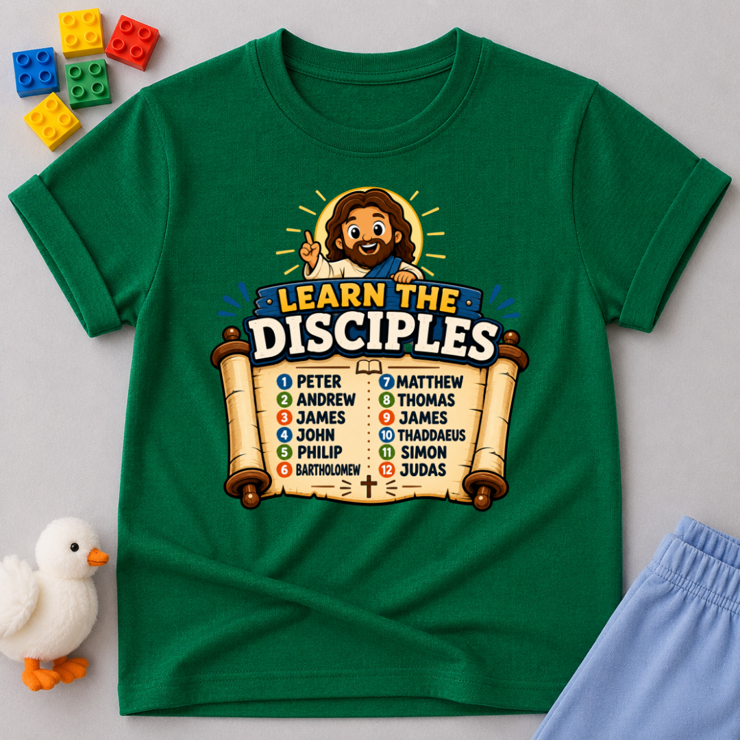 Learn the Twelve Disciples Christian kids shirt in green featuring Jesus and the names of the disciples
