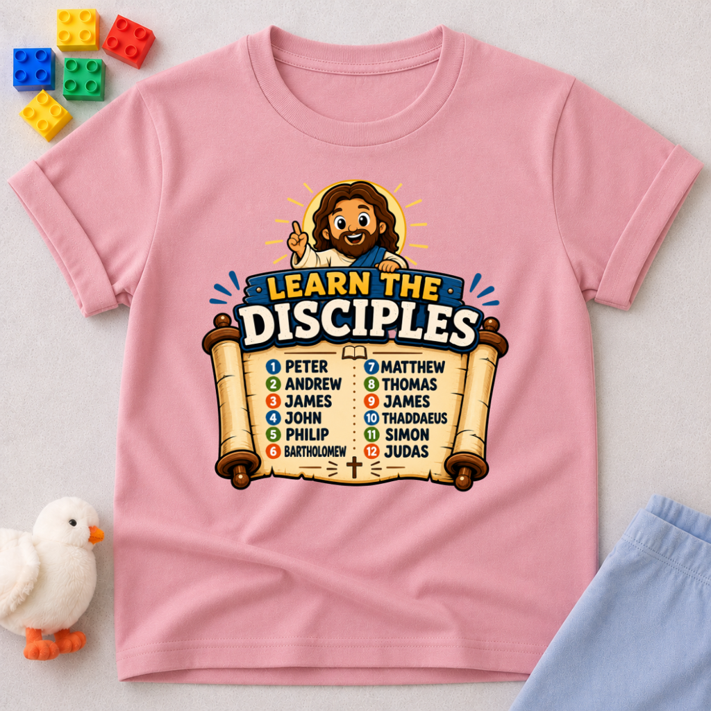 Learn the Twelve Disciples Christian kids shirt in pink featuring Jesus and the names of the disciples
