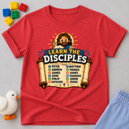 Learn the Twelve Disciples Christian kids shirt in red featuring Jesus and the names of the disciples
