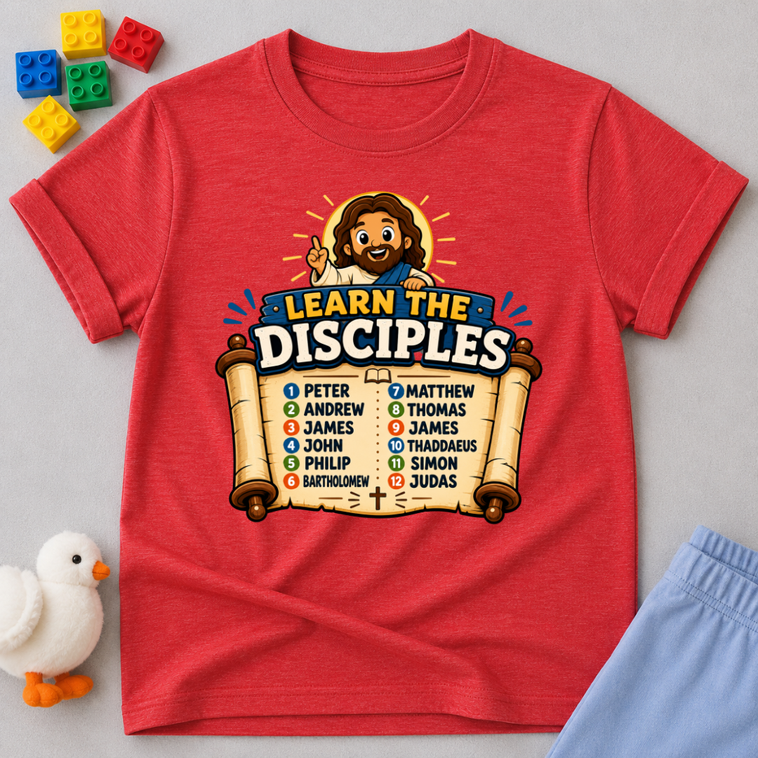 Learn the Twelve Disciples Christian kids shirt in red featuring Jesus and the names of the disciples

