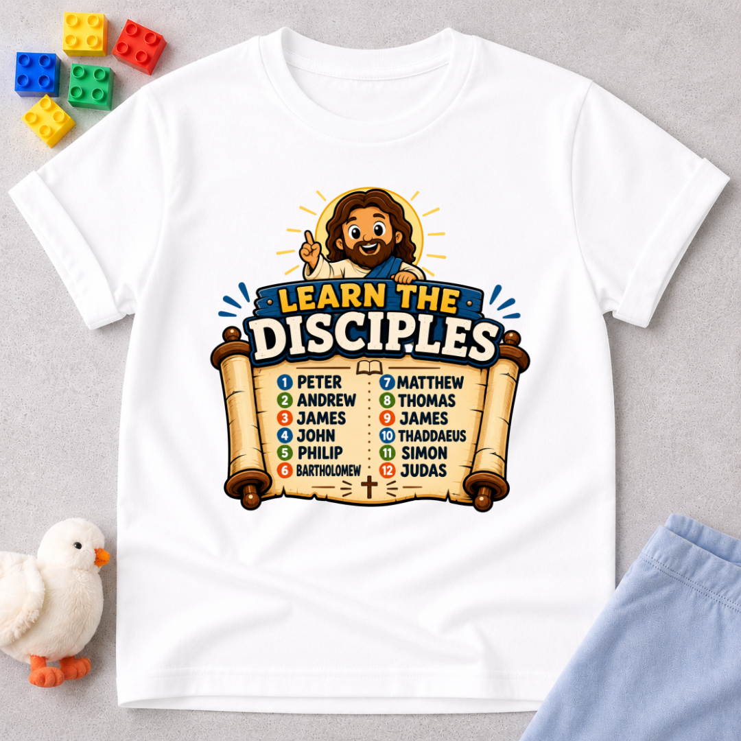 Learn the Twelve Disciples Christian kids shirt in white featuring Jesus and the names of the disciples
