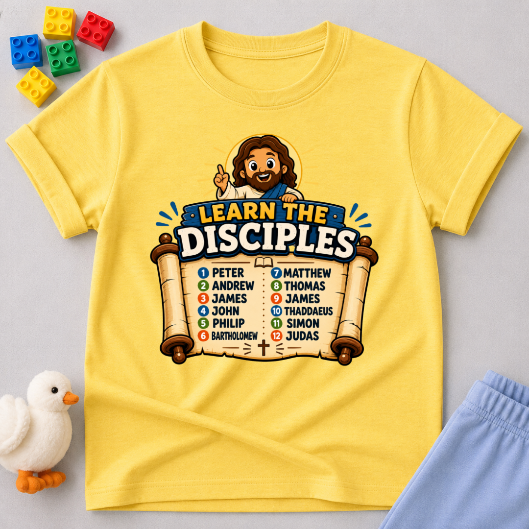 Learn the Twelve Disciples Christian kids shirt in yellow featuring Jesus and the names of the disciples
