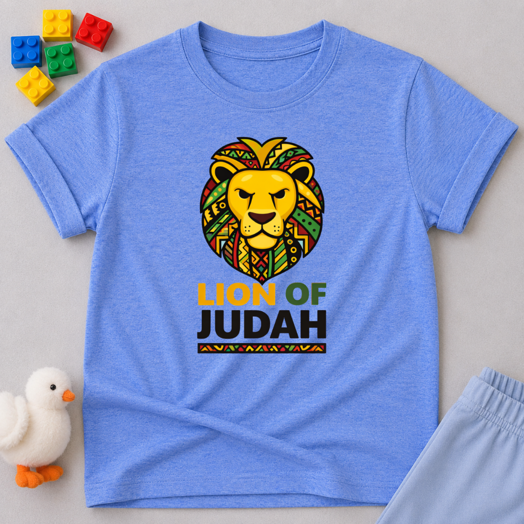 Lion Of Judah Faith Strength Christian kids shirt in Blue featuring colorful lion artwork inspired by Jesus