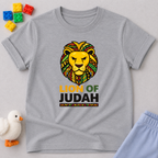 Lion Of Judah Faith Strength Christian kids shirt in Gray featuring colorful lion artwork inspired by Jesus
