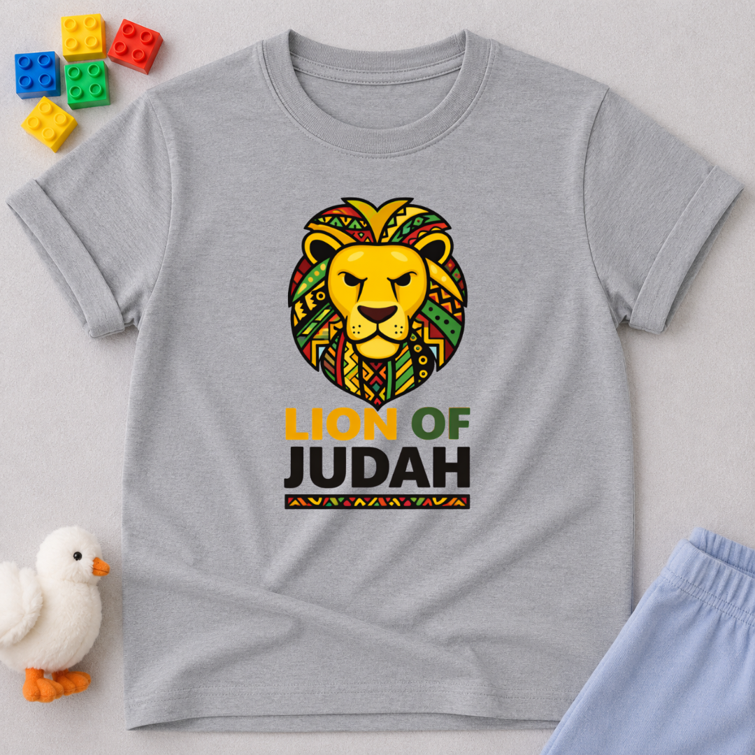 Lion Of Judah Faith Strength Christian kids shirt in Gray featuring colorful lion artwork inspired by Jesus