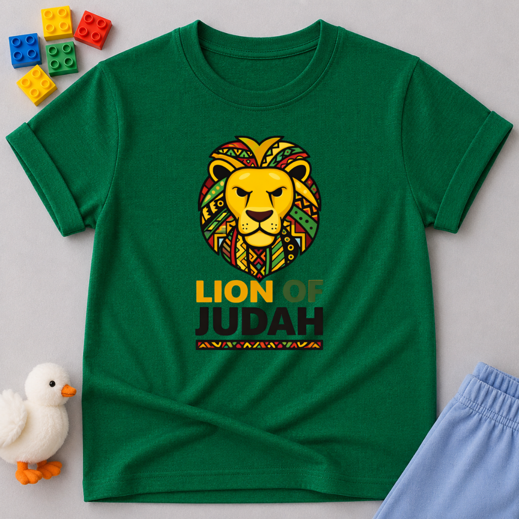 Lion Of Judah Faith Strength Christian kids shirt in Green featuring colorful lion artwork inspired by Jesus