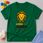 Lion Of Judah Faith Strength Christian kids shirt in Green featuring colorful lion artwork inspired by Jesus