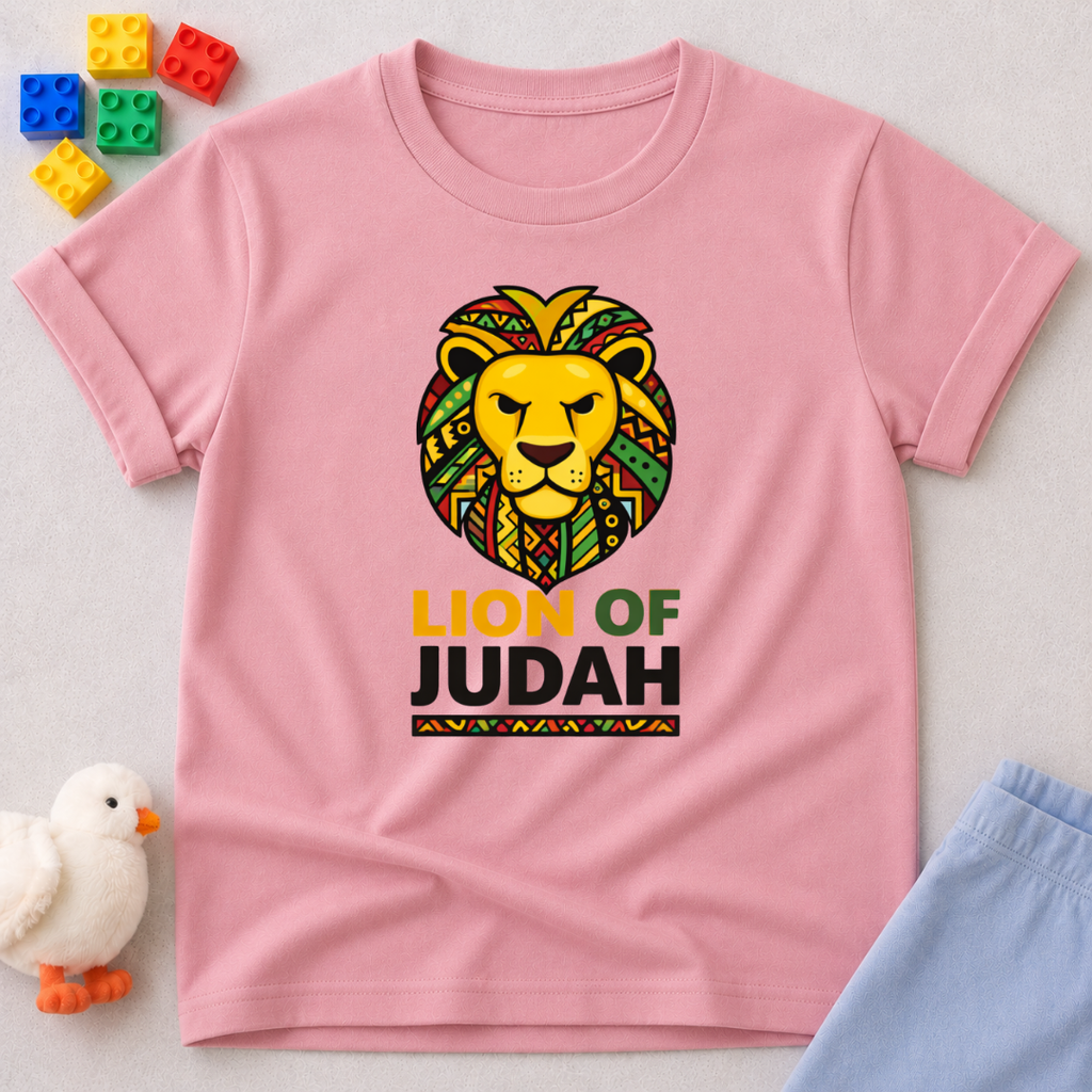 Lion Of Judah Faith Strength Christian kids shirt in Pink featuring colorful lion artwork inspired by Jesus