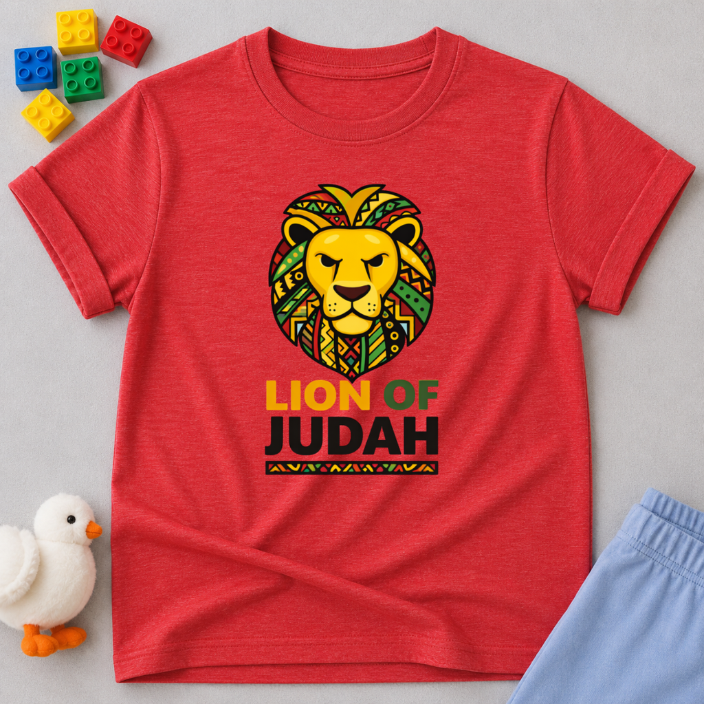 Lion Of Judah Faith Strength Christian kids shirt in Red featuring colorful lion artwork inspired by Jesus