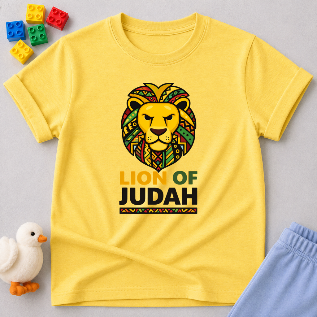 Lion Of Judah Faith Strength Christian kids shirt in Yellow featuring colorful lion artwork inspired by Jesus