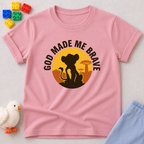 Lionhearted Child Of Faith Christian kids shirt in Pink featuring a brave lion and faith-inspired courage design