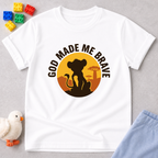 Lionhearted Child Of Faith Christian kids shirt in White featuring a brave lion and faith-inspired courage design
