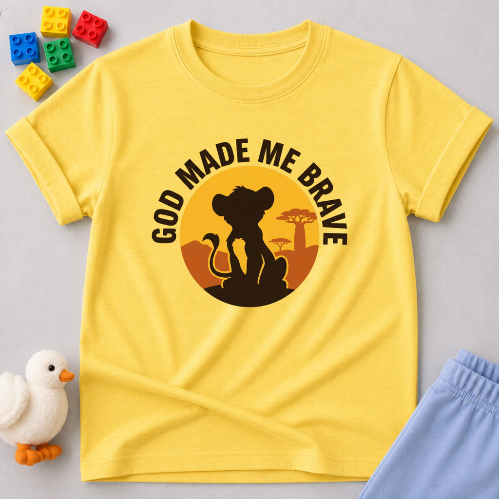 Lionhearted Child Of Faith Christian kids shirt in Yellow featuring a brave lion and faith-inspired courage design