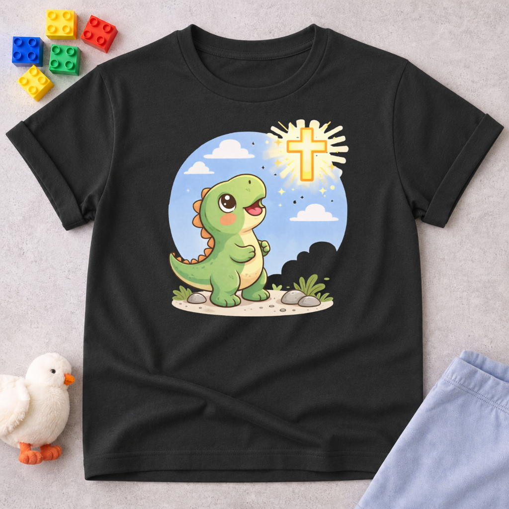 Little Dino Light Shirt Christian kids shirt in Black featuring a dinosaur looking toward a shining cross