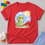 Little Dino Light Shirt Christian kids shirt in Red featuring a dinosaur looking toward a shining cross