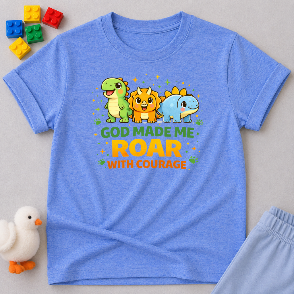 Little Dino Roars With Courage Christian kids shirt in Blue featuring cute dinosaurs and a courage-inspired design