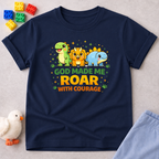 Little Dino Roars With Courage Christian kids shirt in Navy featuring cute dinosaurs and a courage-inspired design