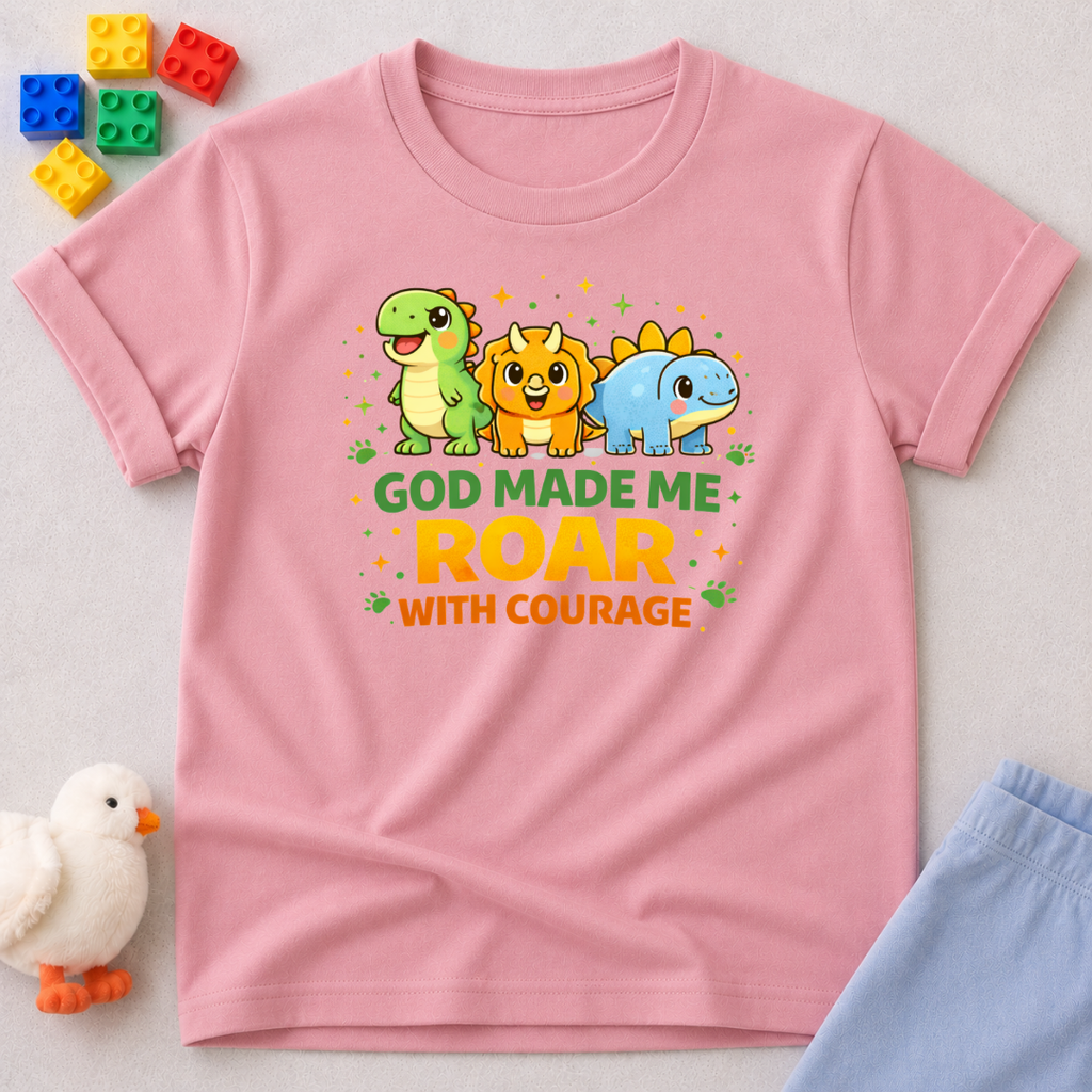 Little Dino Roars With Courage Christian kids shirt in Pink featuring cute dinosaurs and a courage-inspired design