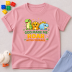 Little Dino Roars With Courage Christian kids shirt in Pink featuring cute dinosaurs and a courage-inspired design