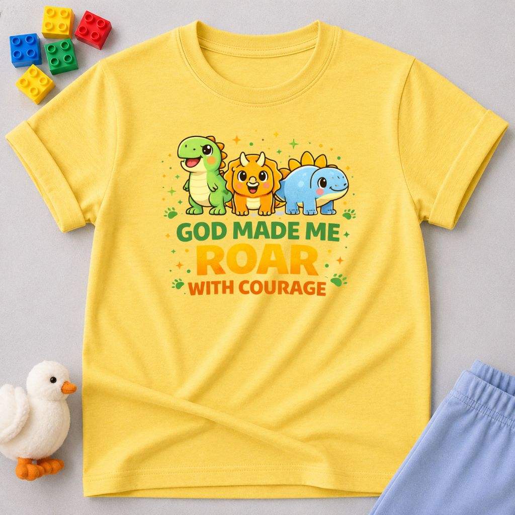 Little Dino Roars With Courage Christian kids shirt in Yellow featuring cute dinosaurs and a courage-inspired design