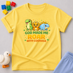 Little Dino Roars With Courage Christian kids shirt in Yellow featuring cute dinosaurs and a courage-inspired design